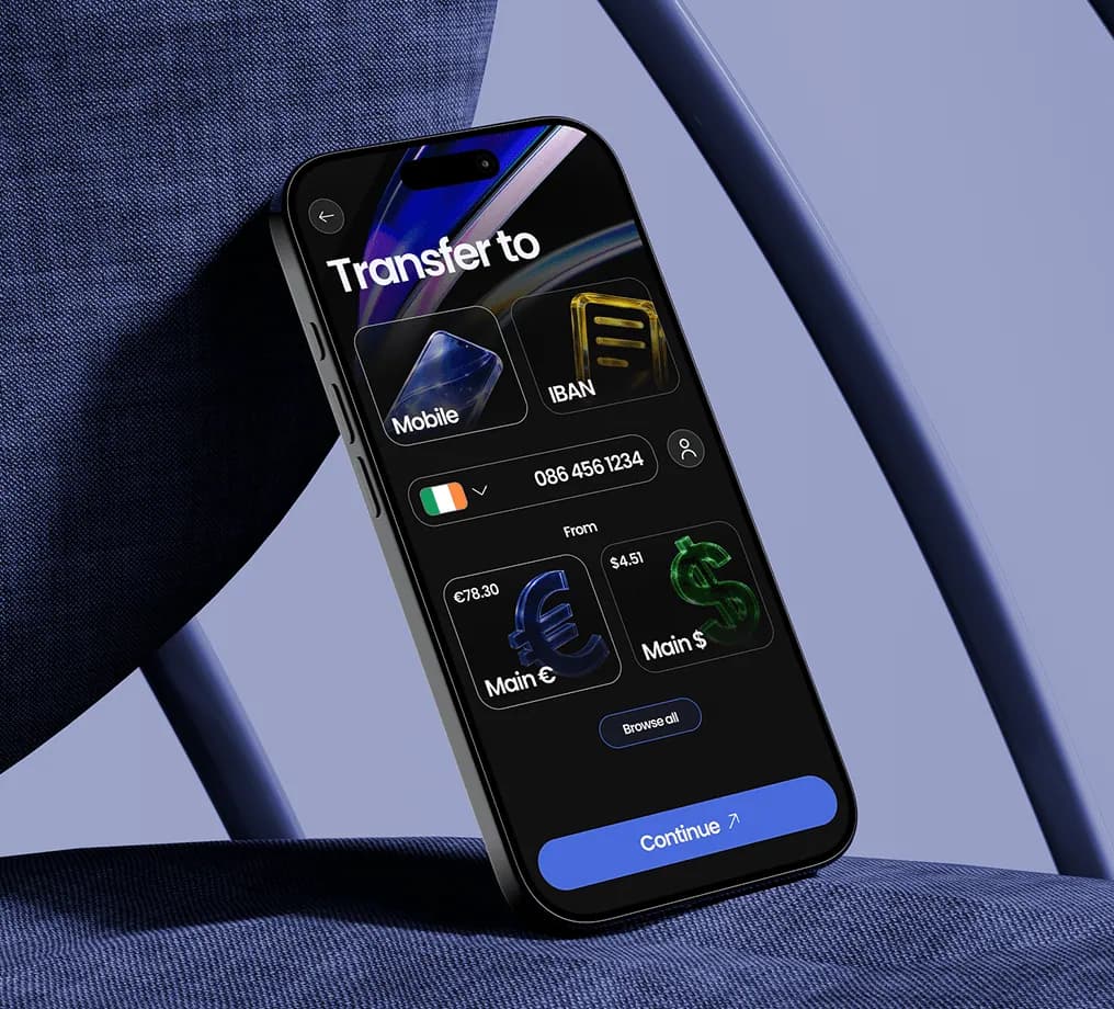 Mobile finance app screen for transfers, balances, and account actions