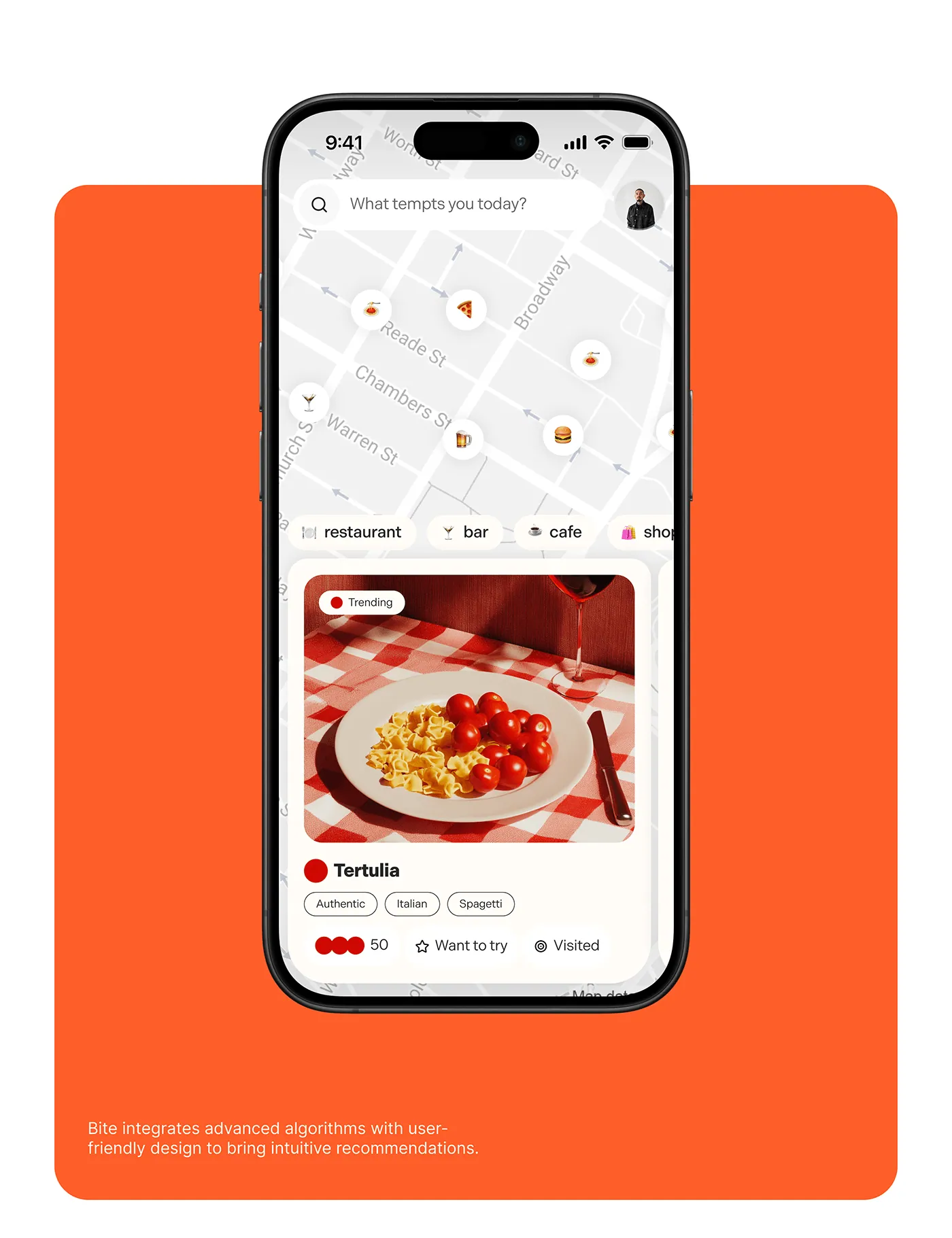Restaurant discovery mobile app with search, map, and recommendation flow