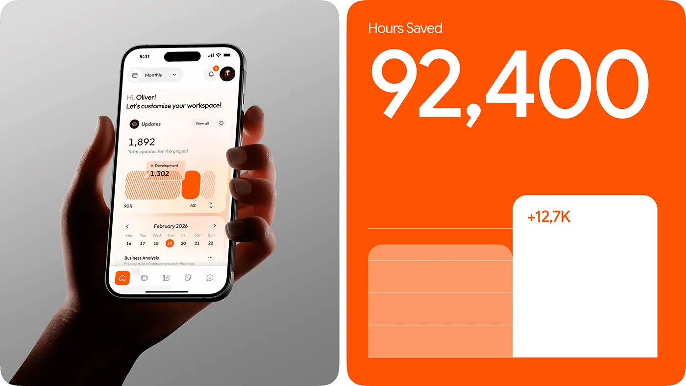 Mobile workspace app with progress metrics and dashboard cards