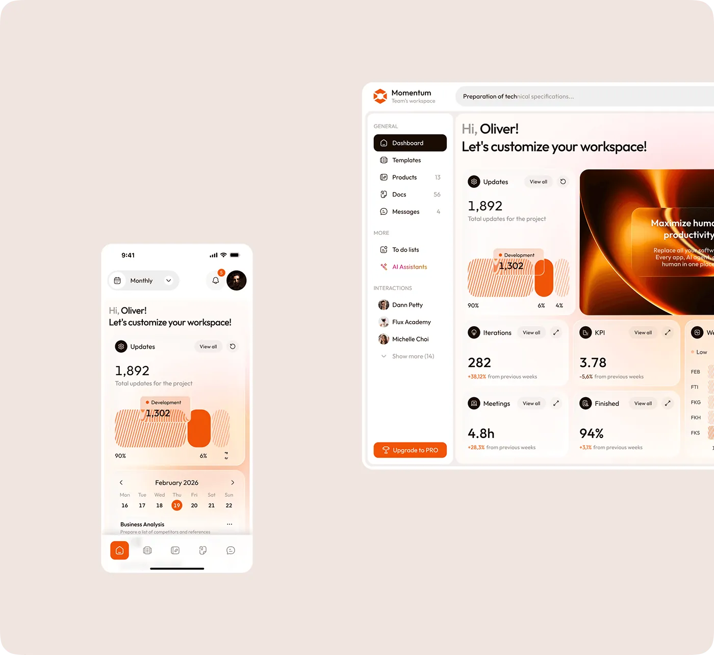 Cross-device management portal showing mobile and desktop views for the same workspace