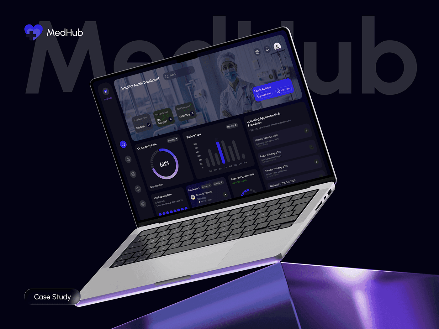 Practice management dashboard showing daily schedule, billing queue, patient analytics, and integration status