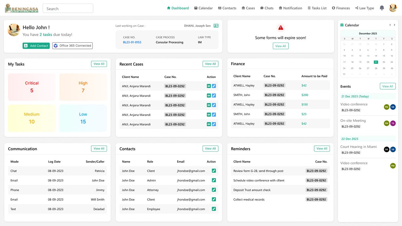 Law firm client management dashboard showing active cases, contacts, and communication history