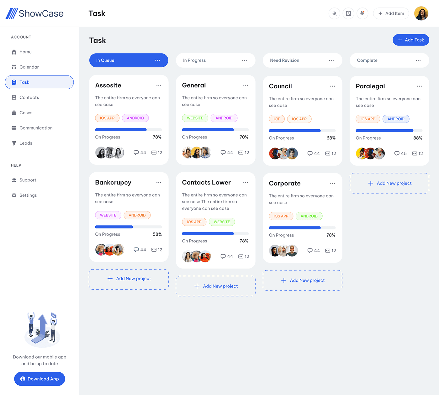 CRM pipeline view showing client stages from inquiry to active engagement to retainer