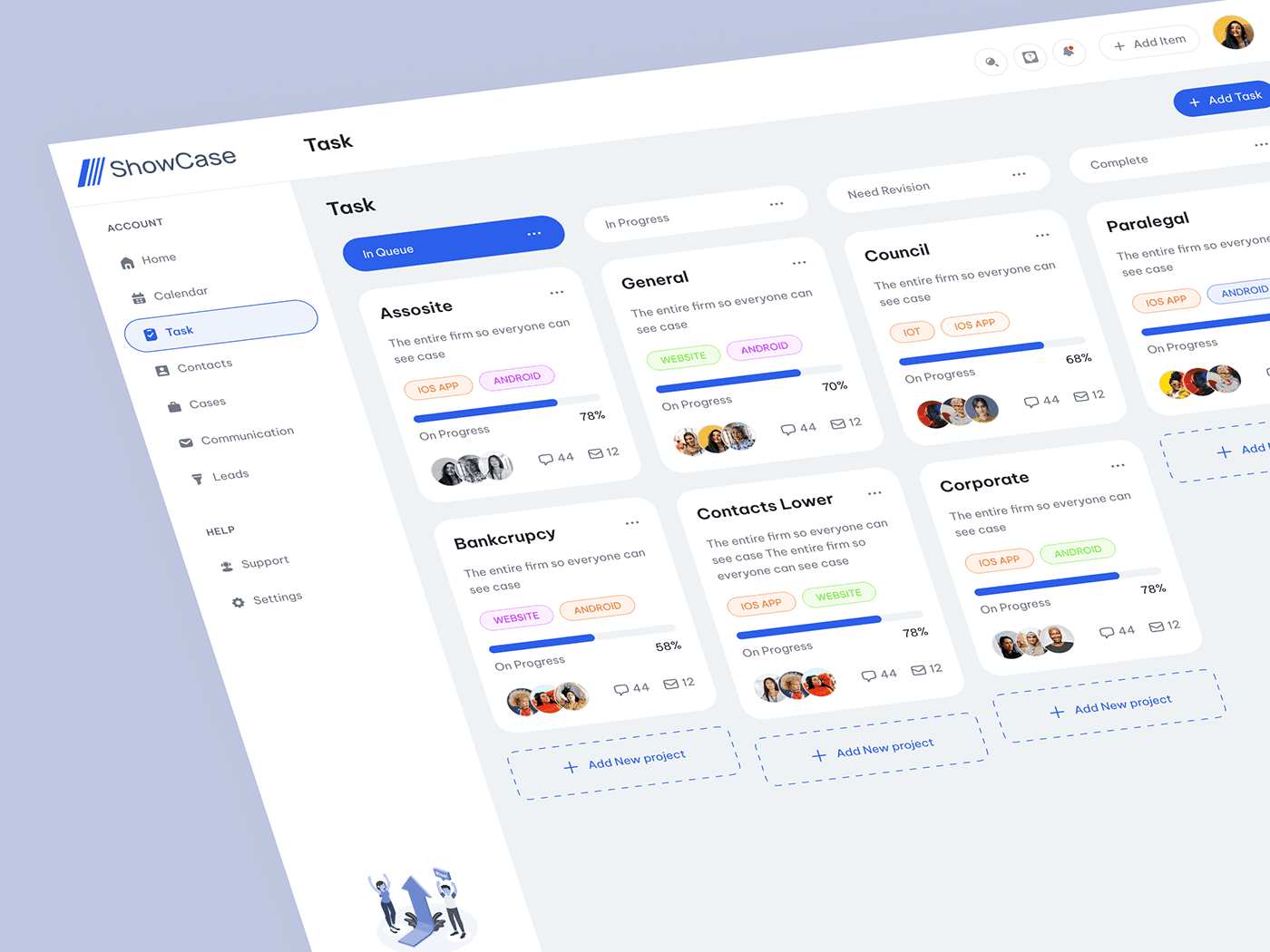 Professional services dashboard with client management, billing, and communication tools